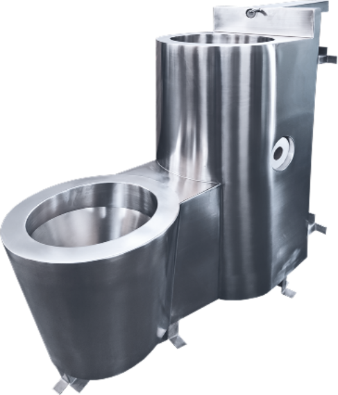 Lavatório em aço inox com coluna, projetado para acessibilidade e segurança, adequado para banheiros públicos e ambientes institucionais.